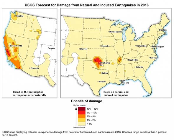 USGS Earthquake map showing potential to experience damage from a natural or human-induced earthquake in 2016. 