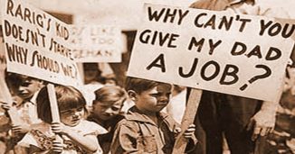 Kids holding Jobs sign during the Great Depression