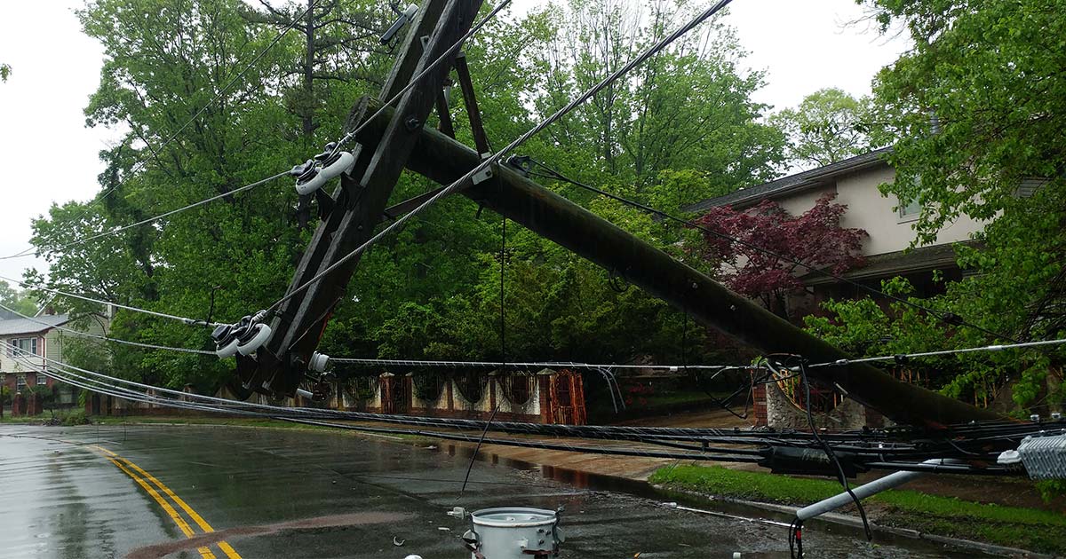 A downed powerline and transformer after a storm