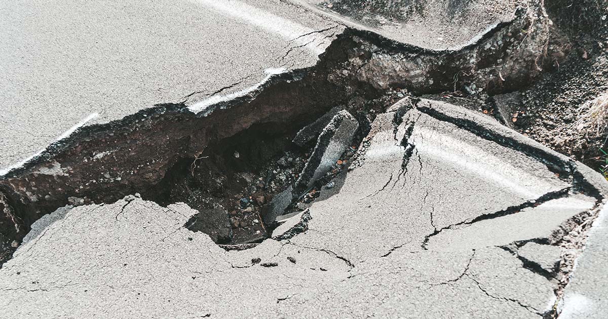 Earthquake damage on a road